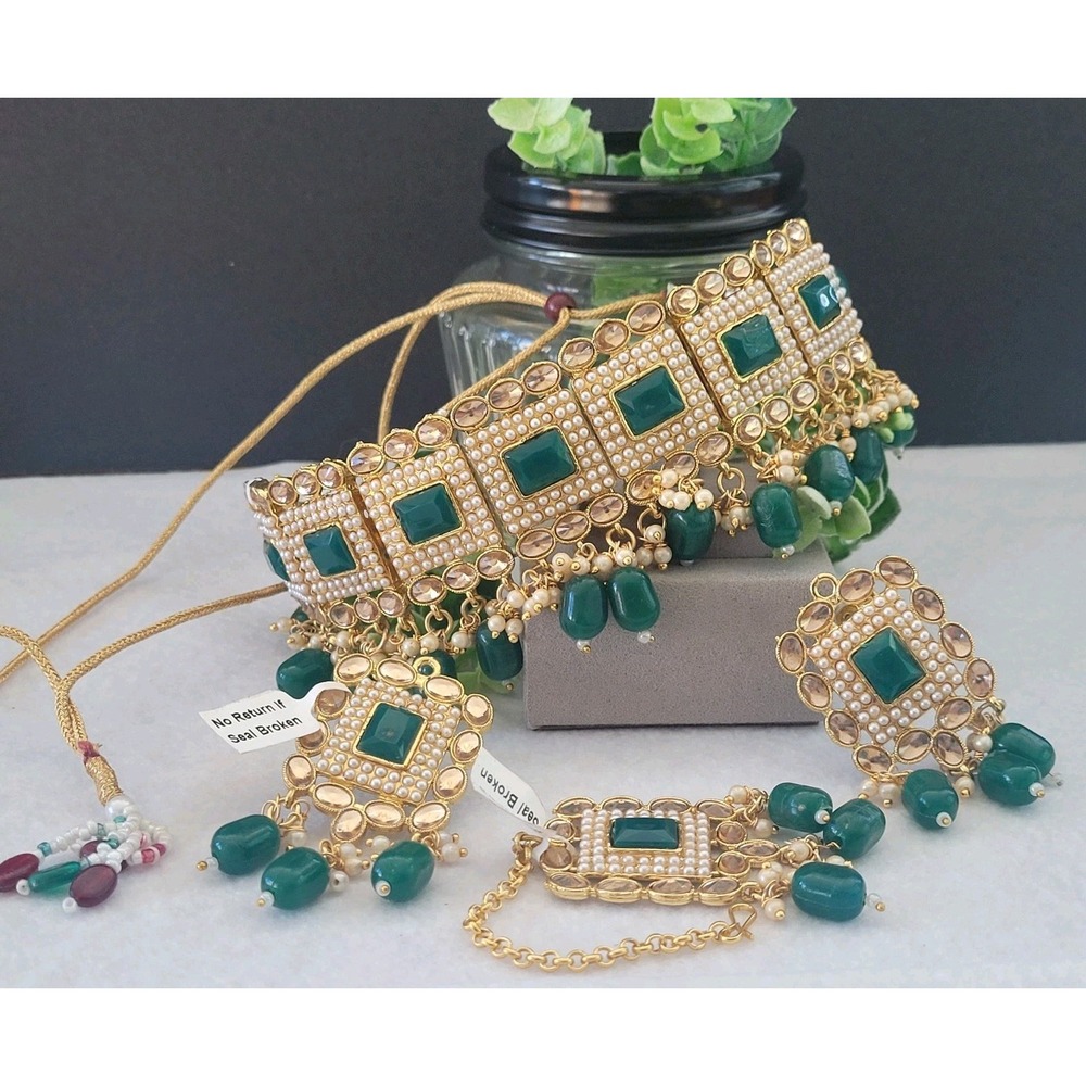 Indian Bollywood Ethnic Green Kundan Choker Necklace Earrings Tikka Jewelry Set